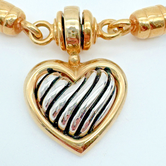 Stocko Heart Pendant Necklace Snap Clasp Two Tone Twisted Cable Choker 15" - Picture 3 of 7